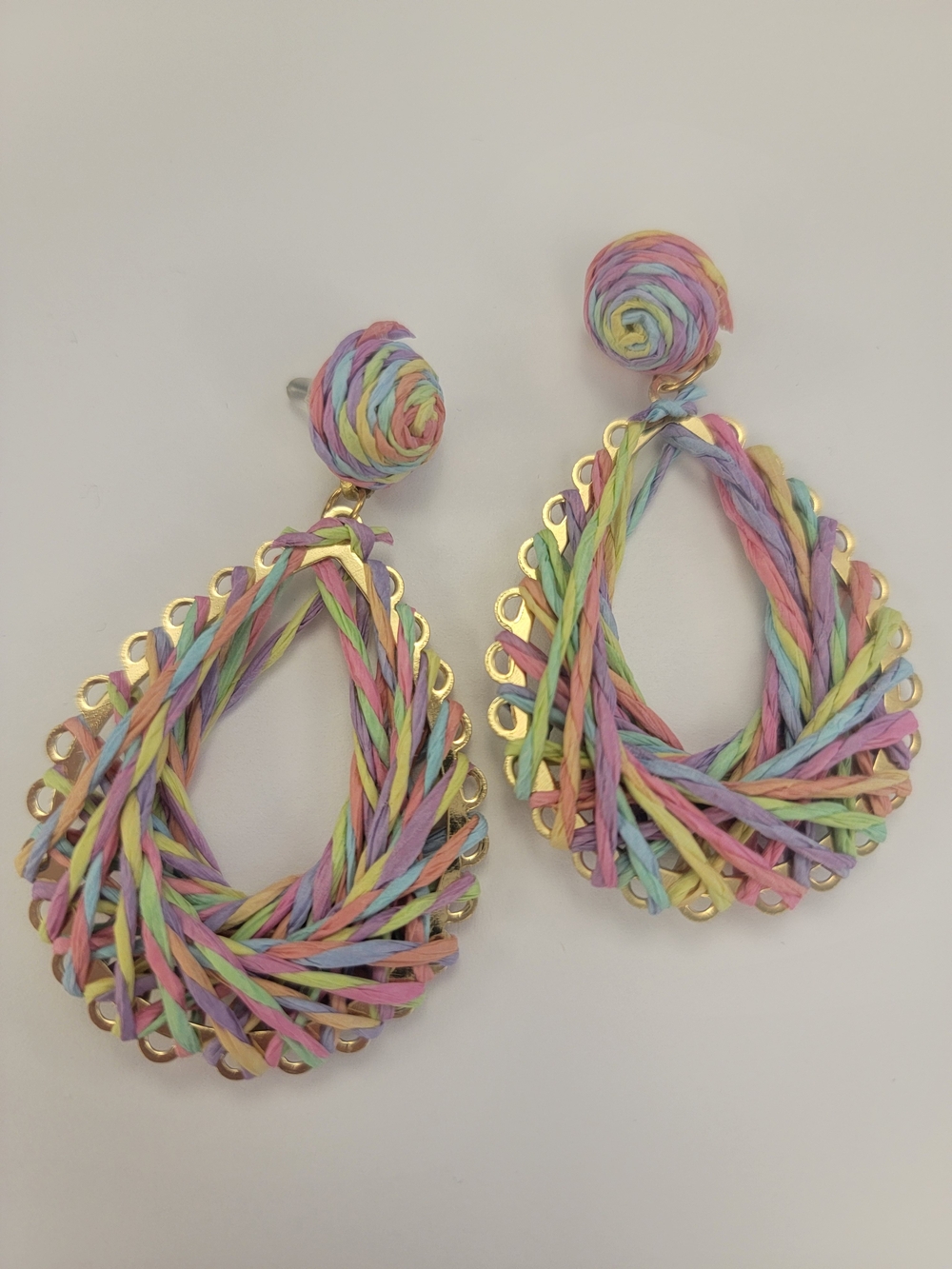 Fashion Jewelry Pastel Rainbow Woven Teardrop Earrings with Gold Accent